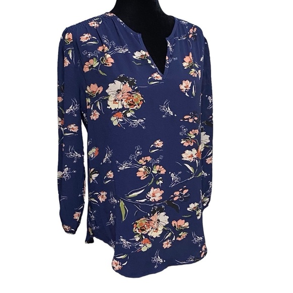 Fun2Fun Navy Floral Boho Split Neck Blouse NWOT Small - Picture 4 of 9